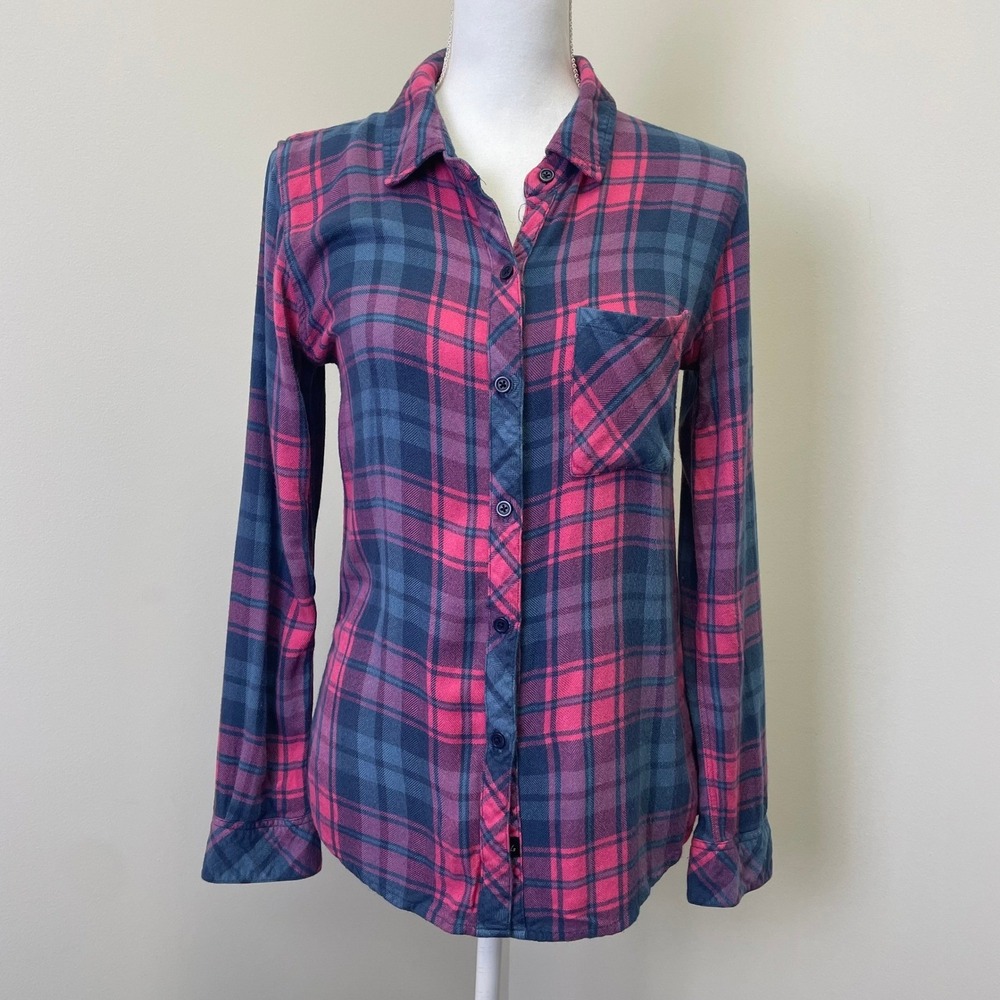 Rails Hunter Plaid Button Down Shirt Pink Navy Blue Rayon Flannel XS